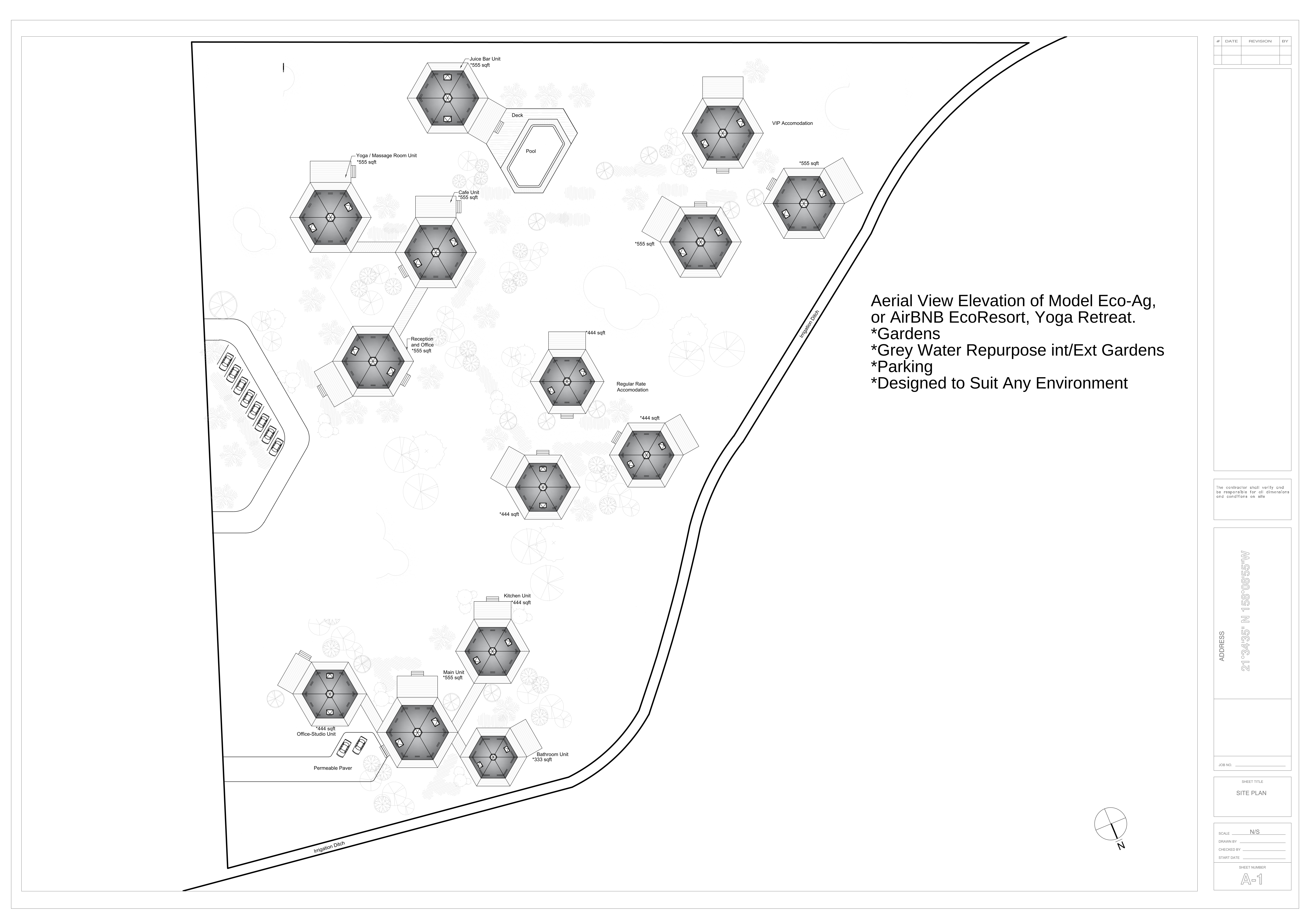 Eco-Vida Designs plan preview: quad eco dwelling with interconnected hexagonal modules, shared infrastructure, four-unit eco-ag layout, landscape-linked eco housing. Licensed study drawings.