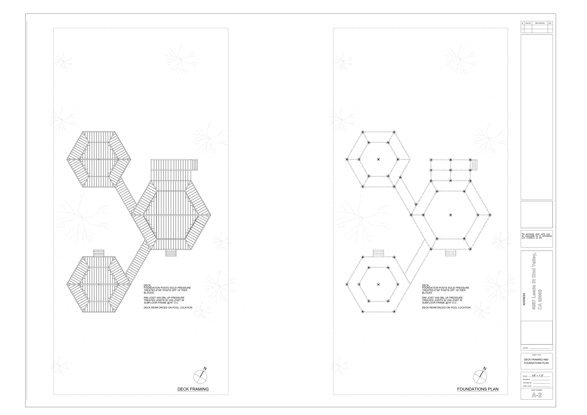 Eco-Vida Designs plan preview: quad eco dwelling with interconnected hexagonal modules, shared infrastructure, four-unit eco-ag layout, landscape-linked eco housing. Licensed study drawings.