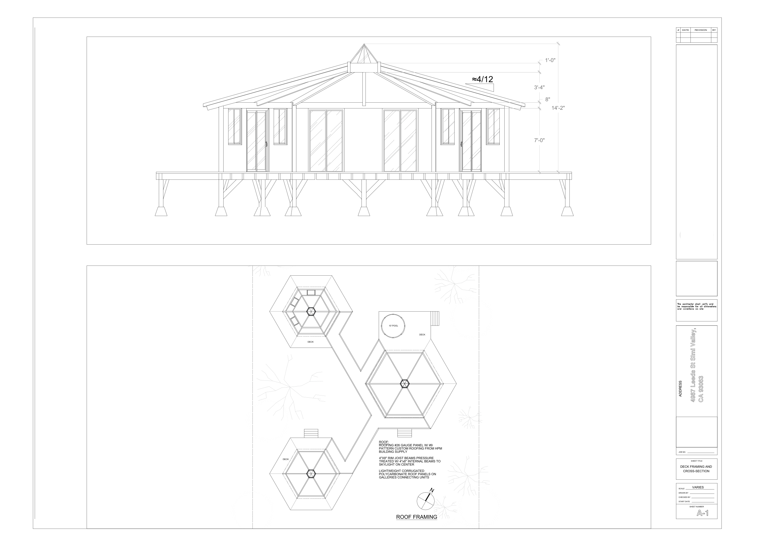Eco-Vida Designs plan preview: quad eco dwelling with interconnected hexagonal modules, shared infrastructure, four-unit eco-ag layout, landscape-linked eco housing. Licensed study drawings.